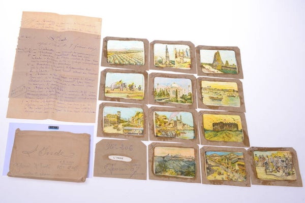 12 IMAGES c.1900 MAGIC LANTERN SCHOOL SLIDES *L'INDE, INDIA* FRENCH *RARE*