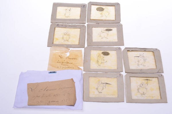 8 IMAGES c.1900 MAGIC LANTERN SCHOOL SLIDES 'THE CLOWN ENGINEER' *FRENCH RARE*