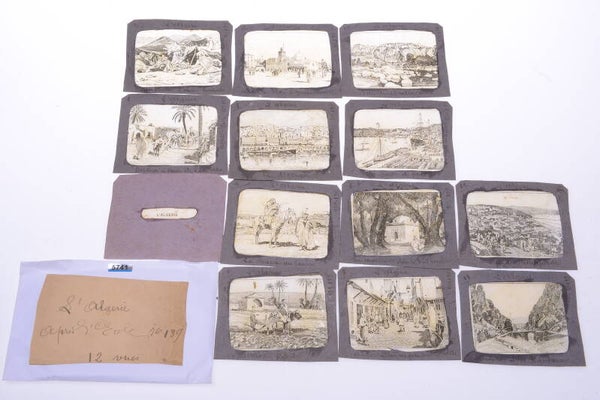 12 IMAGES c.1900 MAGIC LANTERN SCHOOL SLIDES 'ALGIERS, ALGERIA' *FRENCH, RARE*