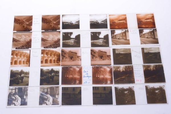 15 ANTIQUE QUALITY STEREO GLASS PLATE IMAGE 45X107MM c.1930 FAMILY, TRAVELS