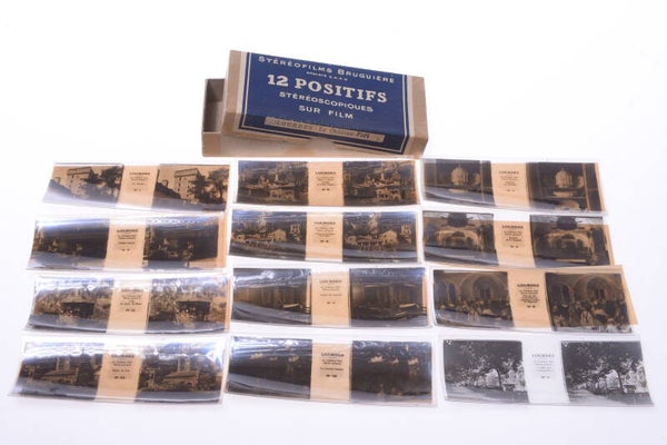 BRUGUIERES POSITIFS 12 ANTIQUE LOURDES CHATEAU STEREO IMAGES PICTURES 45X107MM