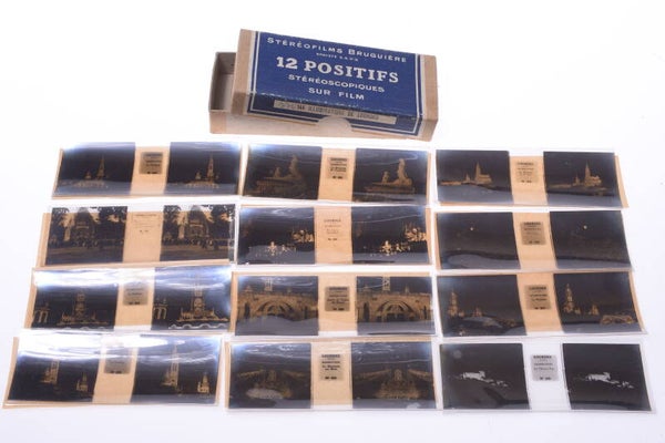 BRUGUIERES POSITIFS 12 ANTIQUE LOURDES BY NIGHT STEREO IMAGES PICTURE 45X107MM