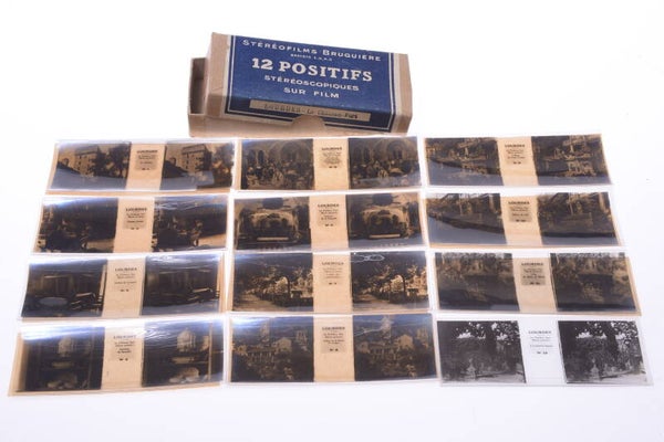 BRUGUIERES POSITIFS 12 ANTIQUE LOURDES CHATEAU STEREO IMAGES PICTURES 45X107MM