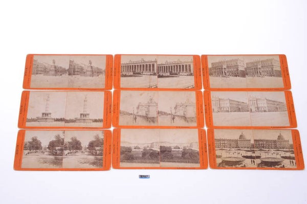 9 SOPHUS WILLIAMS ANTIQUE STEREO IMAGES 9X18CM CARDS PRE WWII BERLIN GERMANY