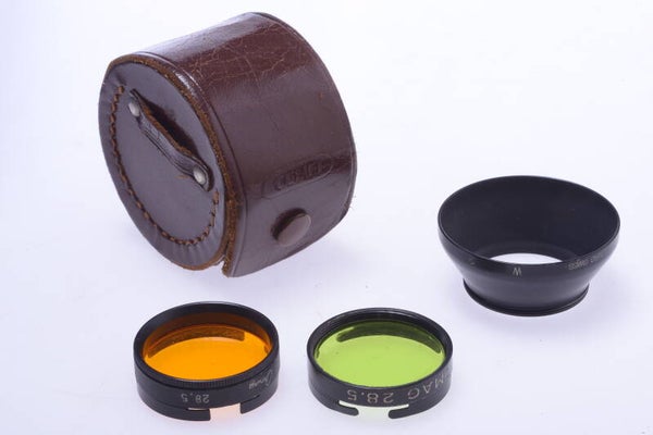 OMAG W2 28MM GENUINE LENS HOOD SUN SHADE SCREW W/ GREEN & ORANGE FILTER 89-3