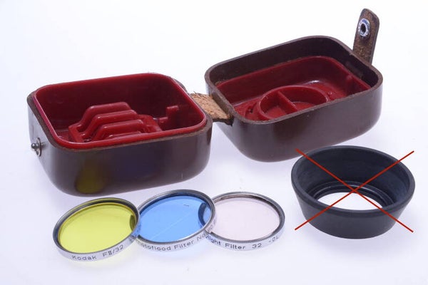 KODAK RETINA 32MM GENUINE LENS HOOD CASE W/ YELLOW BLUE & SKYLIGHT FILTER 93-2