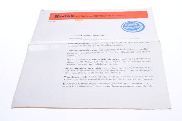 KODAK RETINA & RETINETTE CAMERA ORIGINAL PRICE LIST GUIDE DUTCH 140
