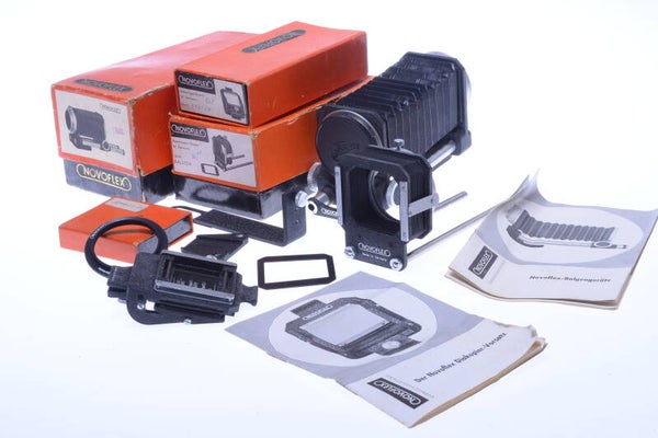 NOVOFLEX IHAGEE EXAKTA, EXA MACRO BELLOWS, HOOD, SLIDE COPIER ADAPTER SET
