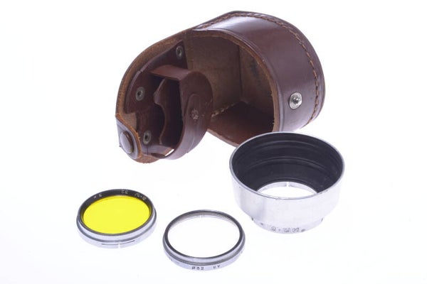 B & W GENUINE 32MM LENS HOOD SHADE PUSH ON W/ CASE, YELLOW & UV FILTER 120