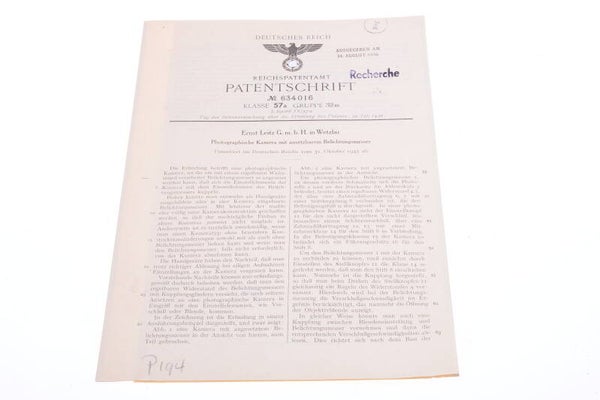 LEICA, LEITZ ORIGINAL 1936 GERMAN PATENT SPECIFICATION COUPLED LIGHT METER 160