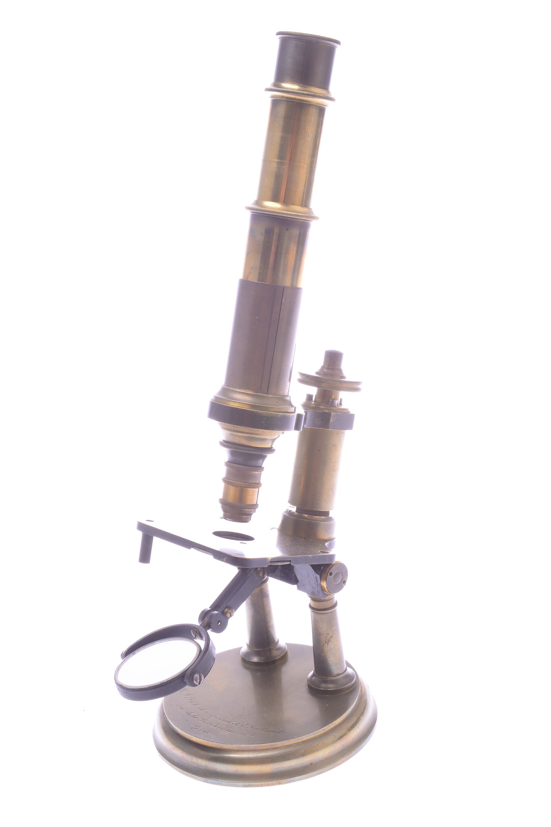 C. VERICK MICROSCOPE ANTIQUE DOUBLE PILLAR  C.1870 *WORKS* ORIG. OCULAR & LENS