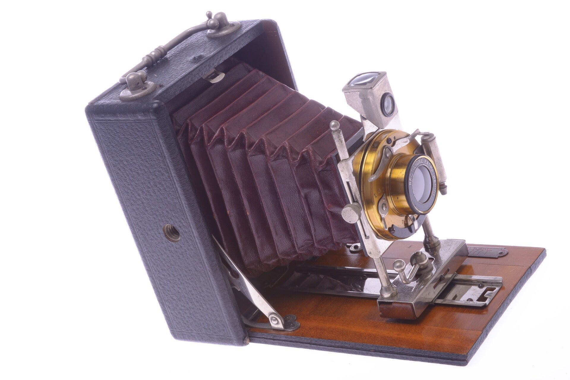 HOUGHTON? 9X12CM WOOD GLASS PLATE CAMERA 'THE NEWEST' SHUTTER, RED BELLOWS