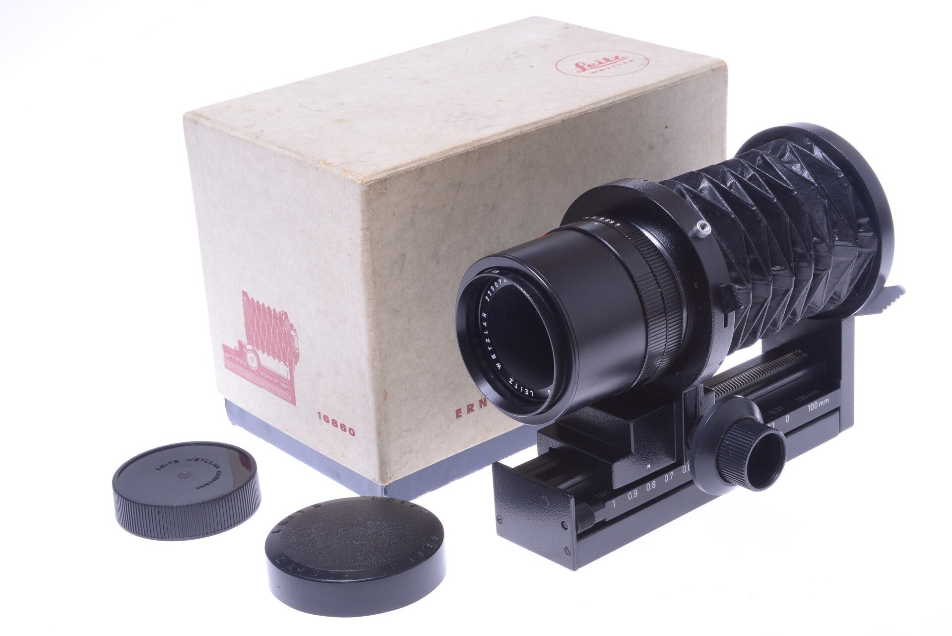 LEICA R 100MM 4 ELMAR MACRO ‘1970’ LENS W/ BELLOWS, CAPS IN ORIG. BOX