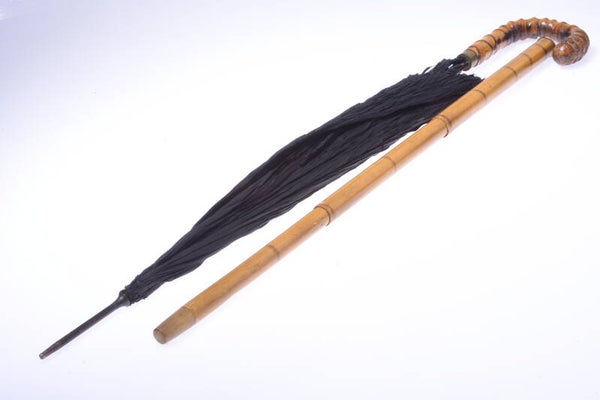 ANTIQUE SILK UMBRELLA & CANE WALKING STICK BAMBOO HANDLE & SHAFT 89CM 35.03”