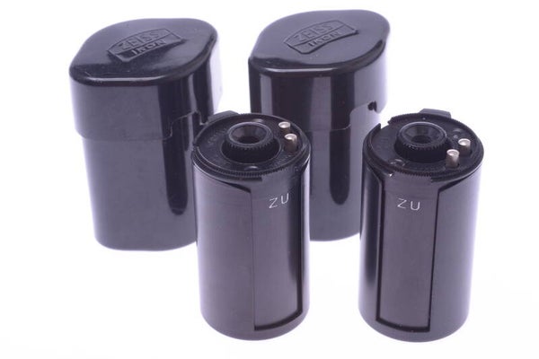 2 ZEISS CONTAX 35MM BULK FILM MAGAZINE CANISTERS W/SPOOLS. RANGE FINDER CAMERA