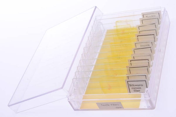 12 MICROSLIDES MICROSCOPE SPECIMEN SLIDES TEXTILE FIBERS PREPARED IN JAPAN