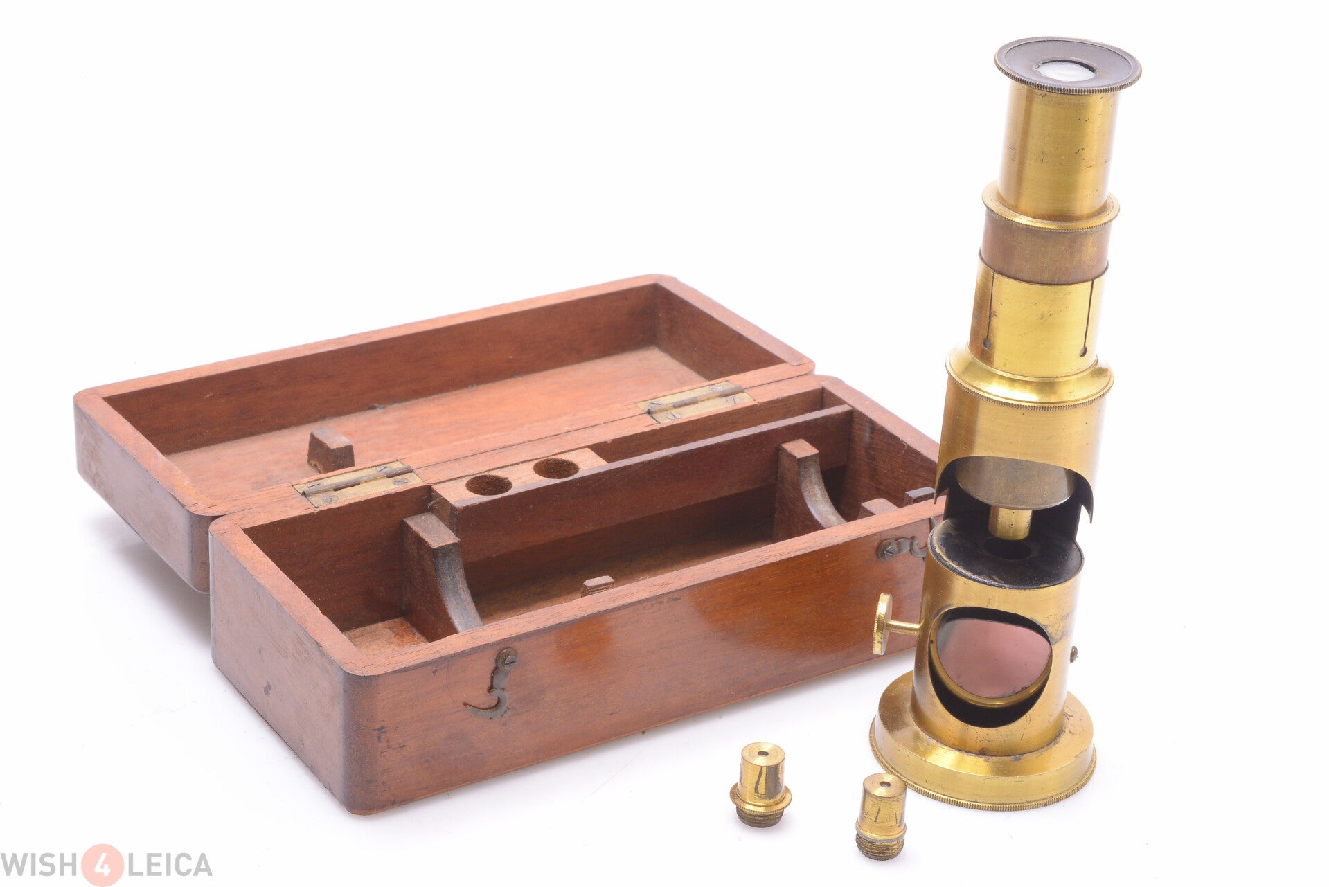 ANTIQUE BRASS DRUM *NICE* MICROSCOPE IN BOX WITH 3 LENSES