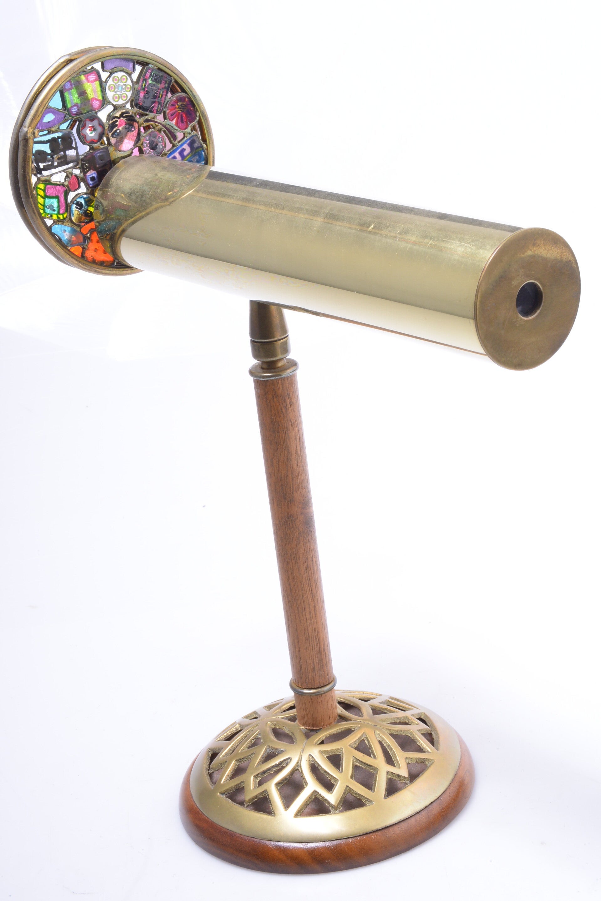JANICE CHESNIK '96 SIGNED BRASS & GLASS KALEIDOSCOPE 27CM, 10.62