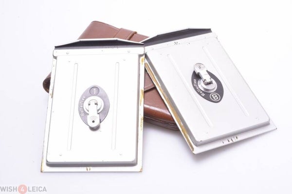 ROLLEIFLEX, ROLLEICORD TLR 2x GLASS PLATE HOLDERS IN LEATHER POUCH CHROME