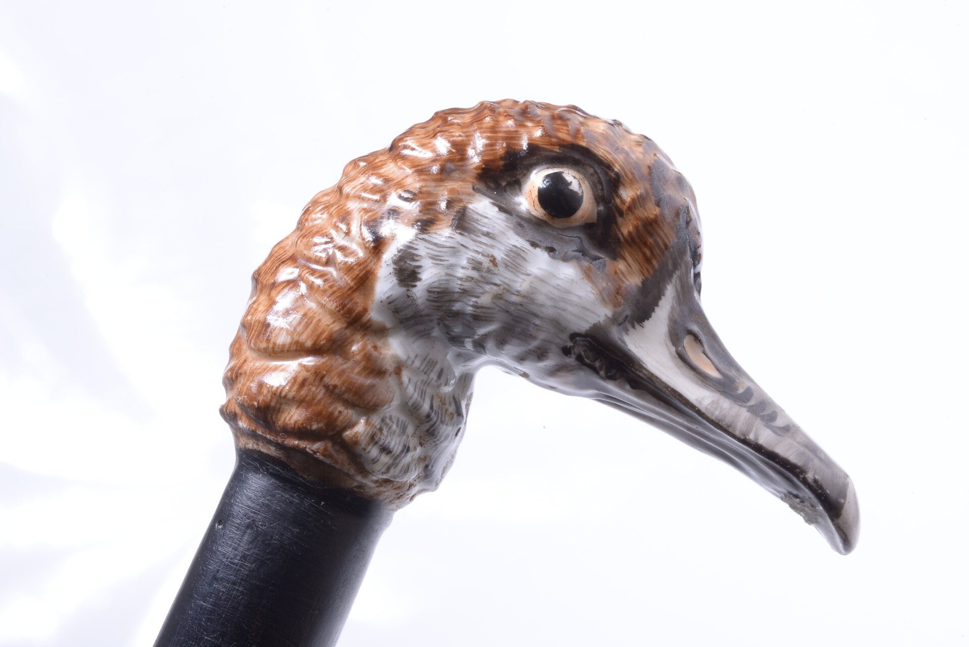 ANTIQUE CANE WALKING STICK PORCELAIN MEISSEN DUCK POMMEL HUNTER 86.5CM 34.05”