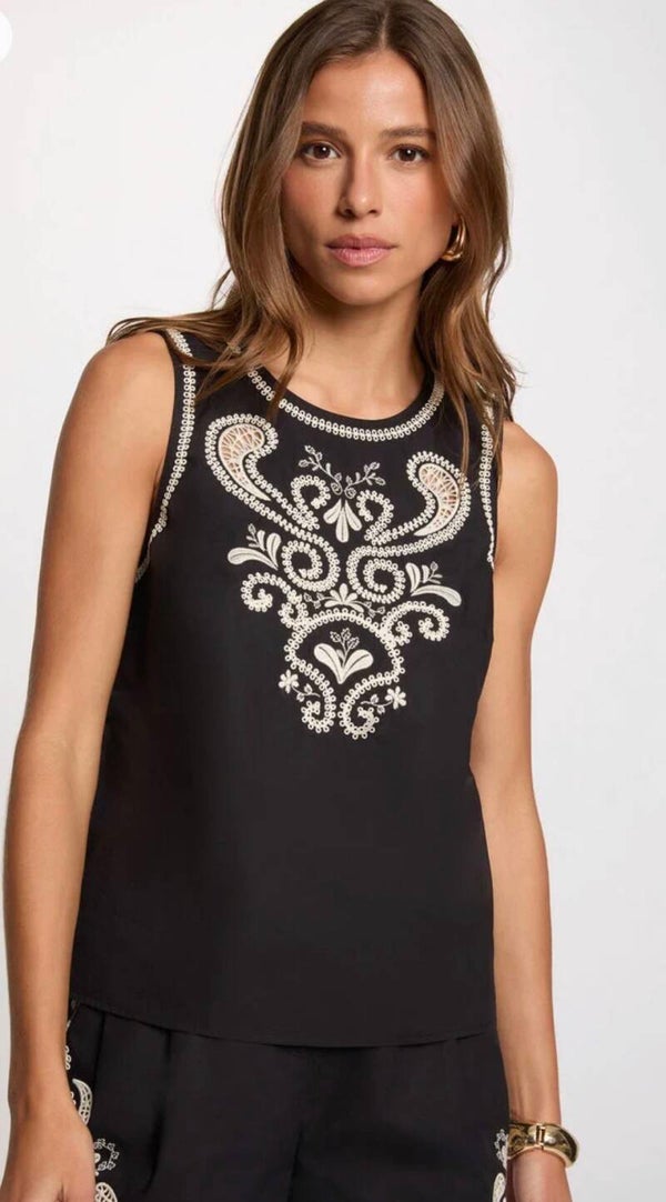 Top brodé sans manches noir femme.