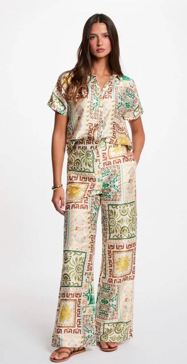Pantalon large taille haute multicolore femme.