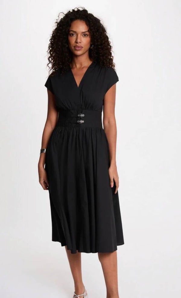 Robe mi-longue col v noir femme