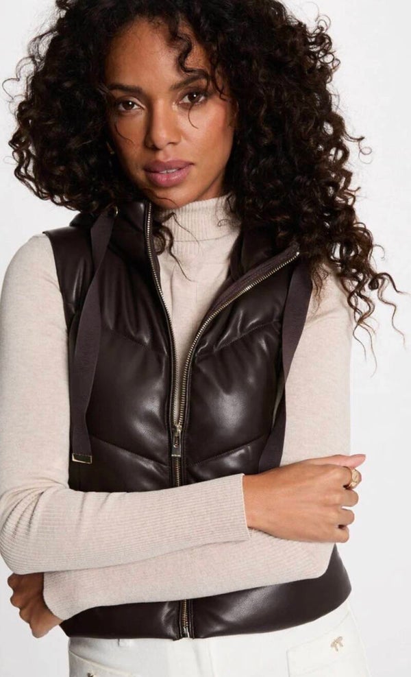 Doudoune droite à capuche simili cuir marron foncé femme