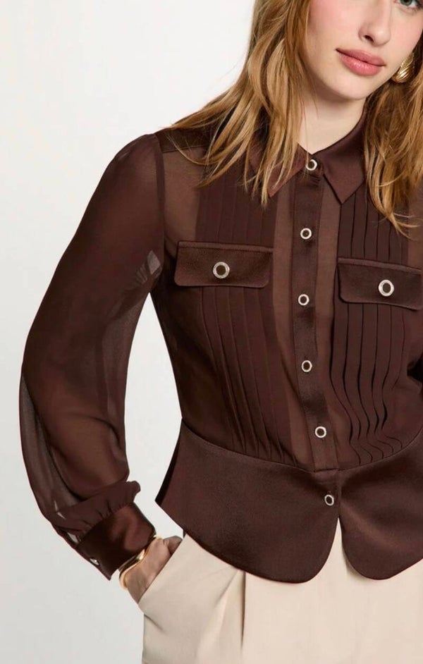Chemise manches longues avec plis marron foncé femme