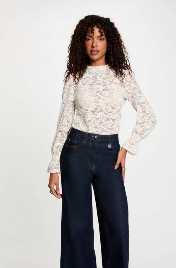T-shirt dentelle col montant ivoire femme