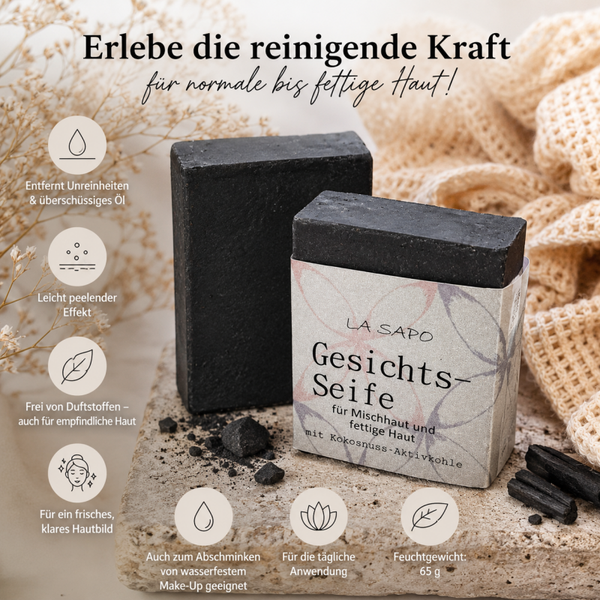 LA SAPO Aktivkohle Gesichtsseife für Mischhaut & fettige Haut