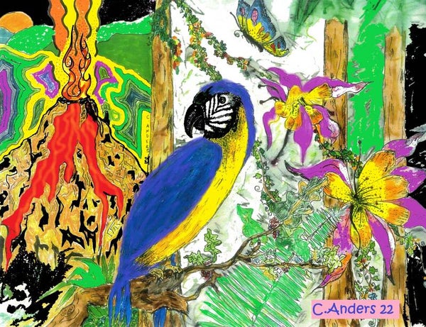 Blue parrot with volcano