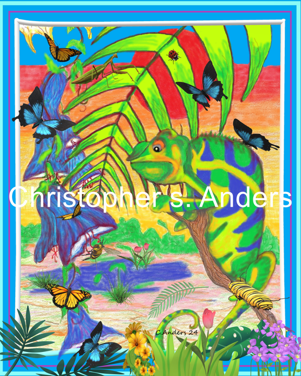 Chameleon on branch with flowers