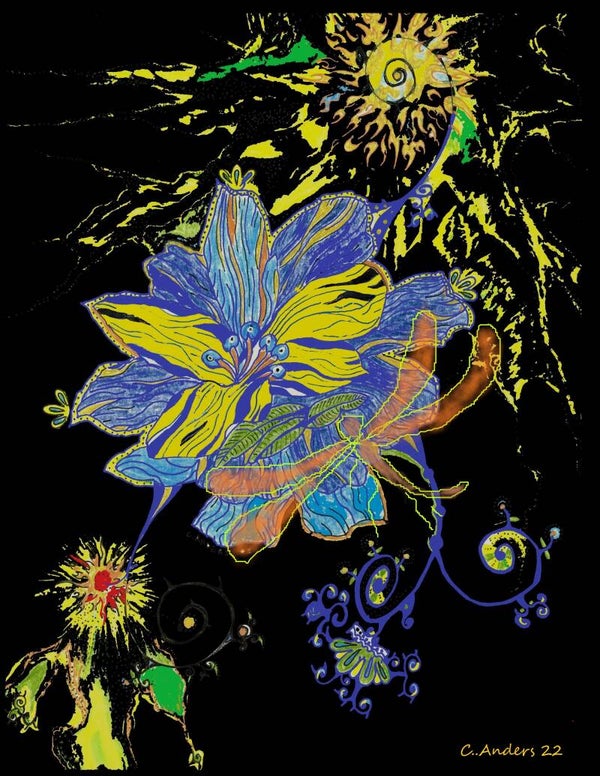 Blue fantasy flower with dragonfly