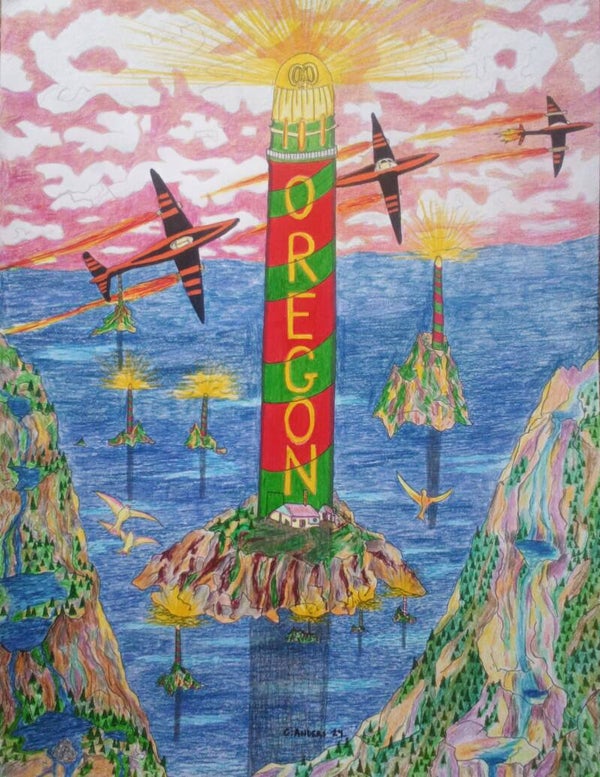 Oregon Ducks lighthouse with beavers flight formation