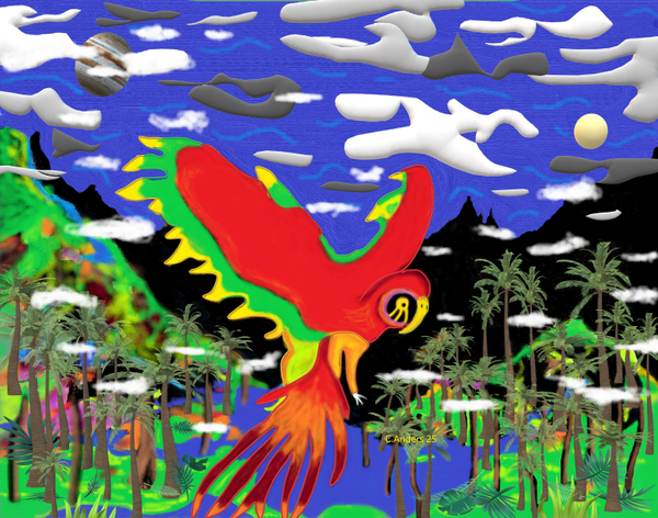 Red parrot with palm trees