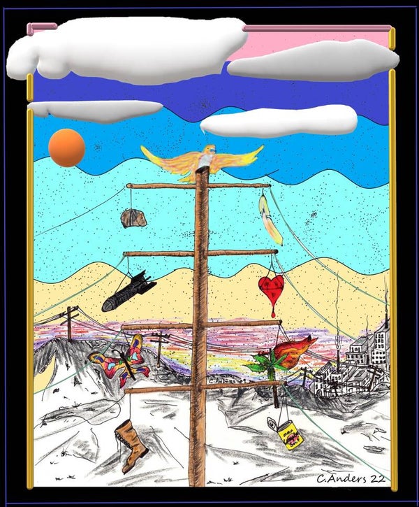 Telephone pole with hanging objects