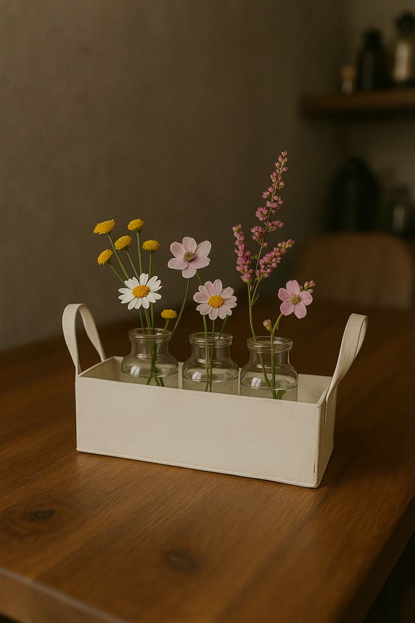 Wit houten kratje met 3 glazen vaasjes