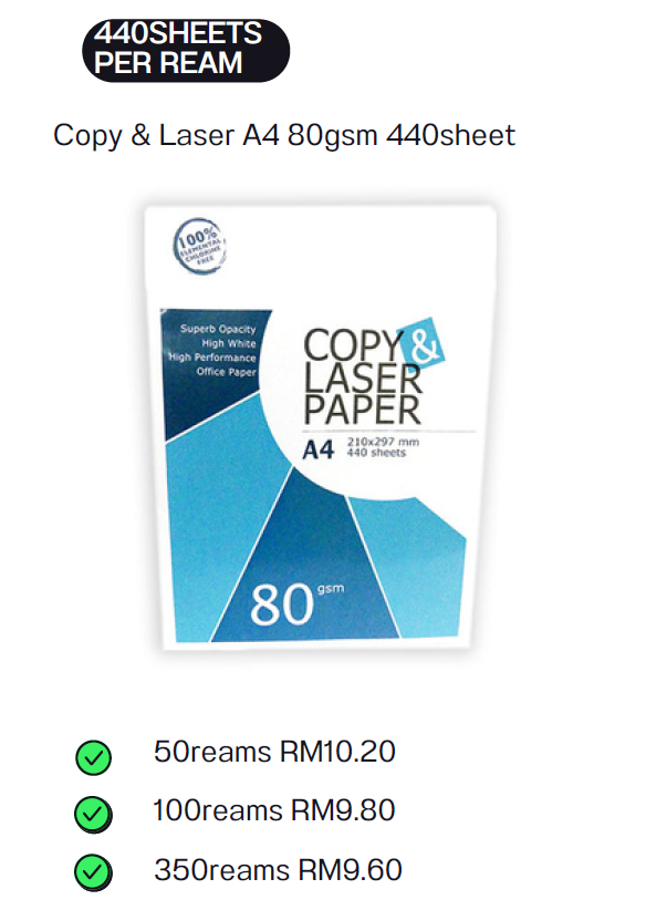 COPY & LASER A4 80GSM 440SHEET (WHATSAPP TO ORDER)