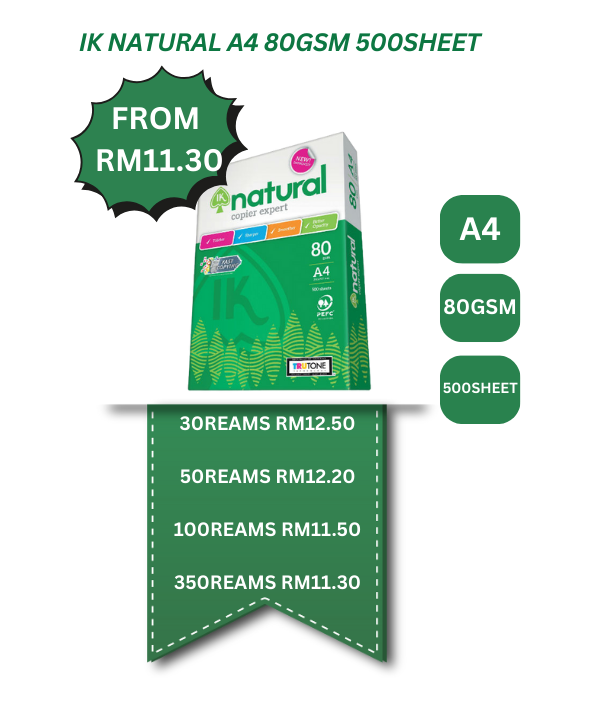 IK NATURAL A4 80GSM 500SHEET (WHATSAPP TO ORDER)