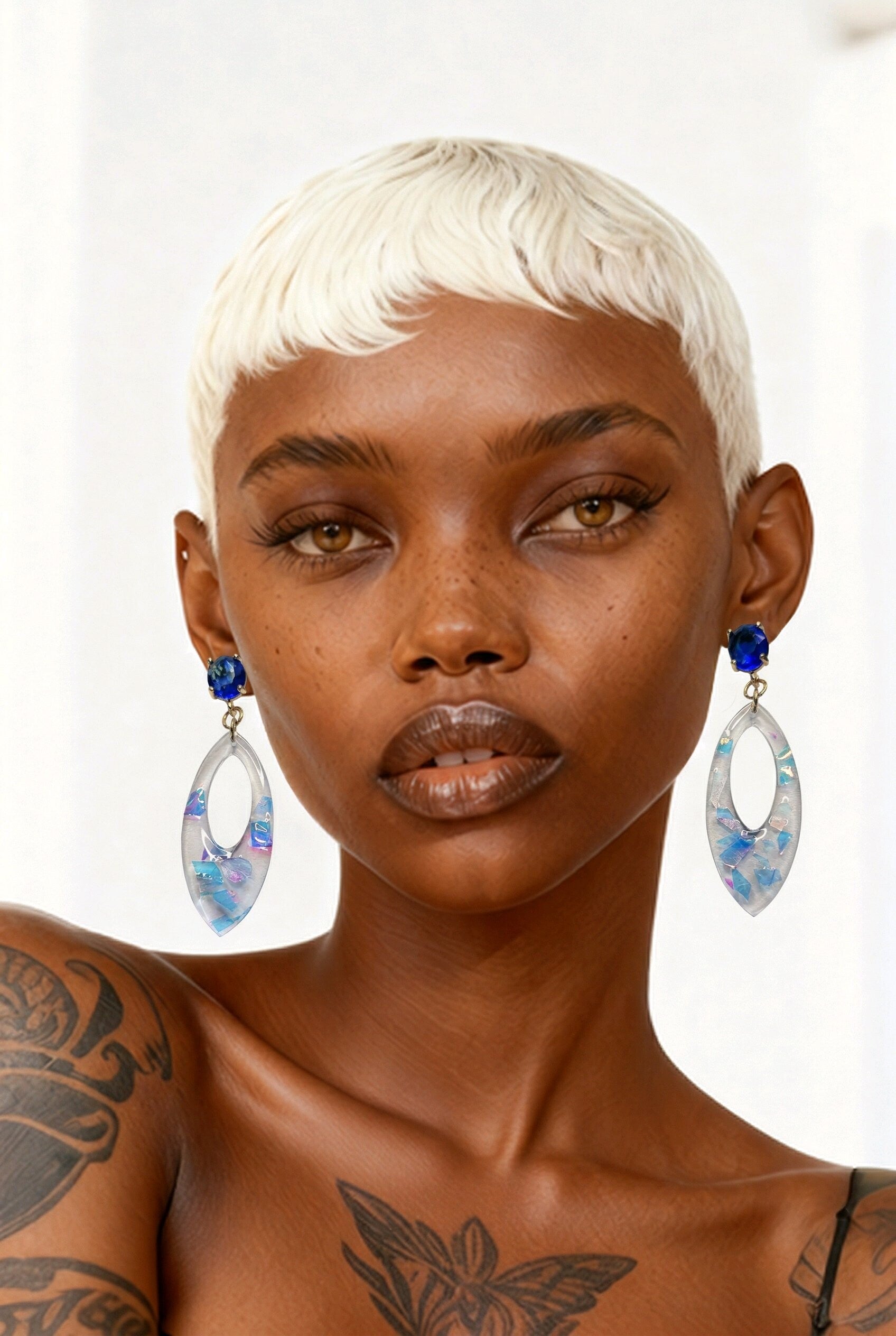 Romantic Royal Blue Stud Earrings with graceful Dangle Pointed Oval Resin Art