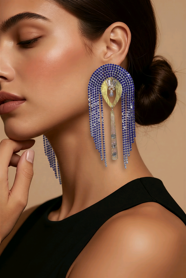 Tanzanite gemstones on the Golden Drop Blue Rhinestone Fringe Earrings