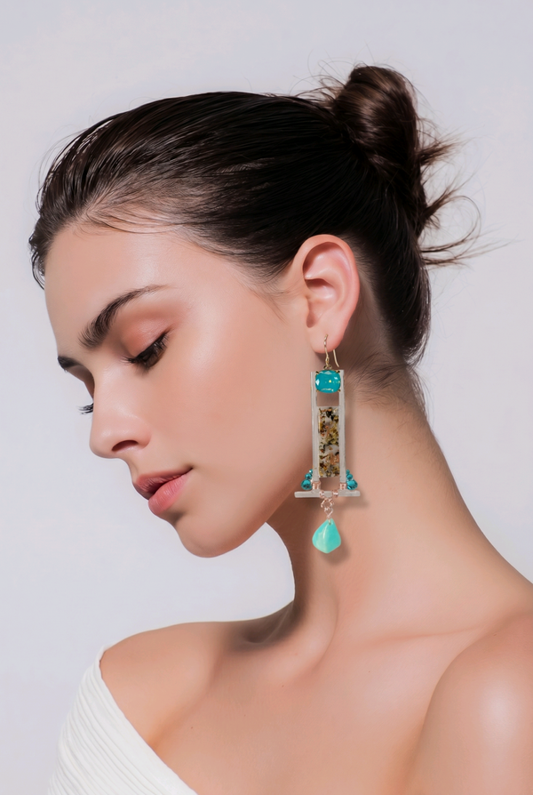 Gemmy Larimar Beads Light Turquoise Clear Acrylic Long Dangle Earrings