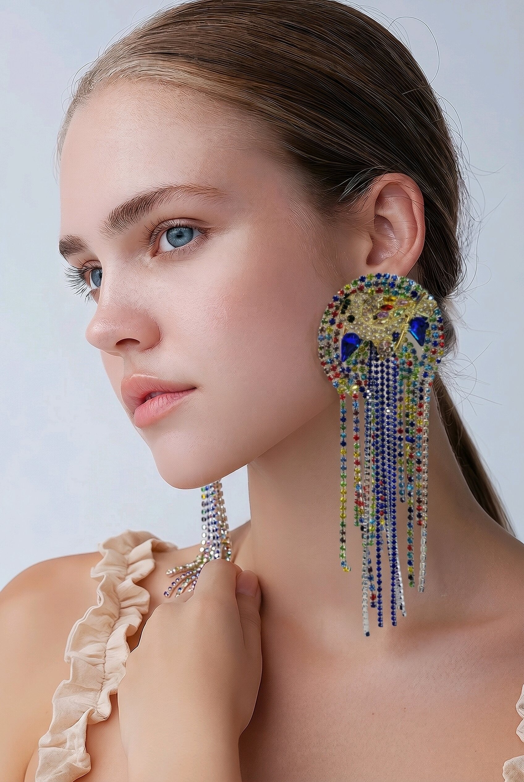 Great Gatsby styling long Multi Color Rhinestone Fringe Earrings
