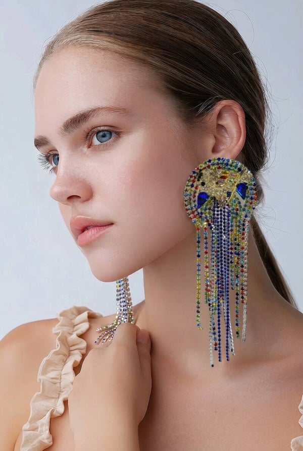 Great Gatsby styling long Multi Color Rhinestone Fringe Earrings