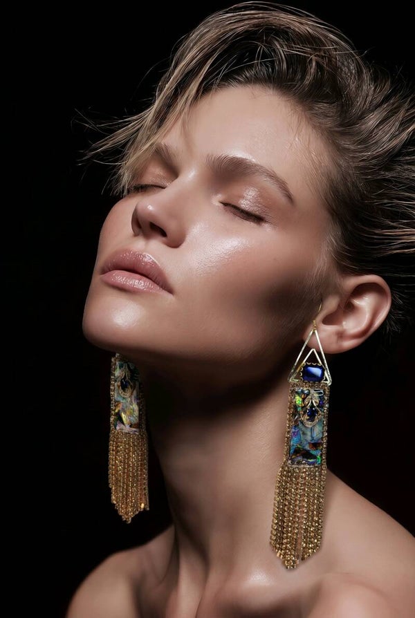 Deep Sapphire Blue and Fancy Golden Rhinestones Fringe Dangle Earrings