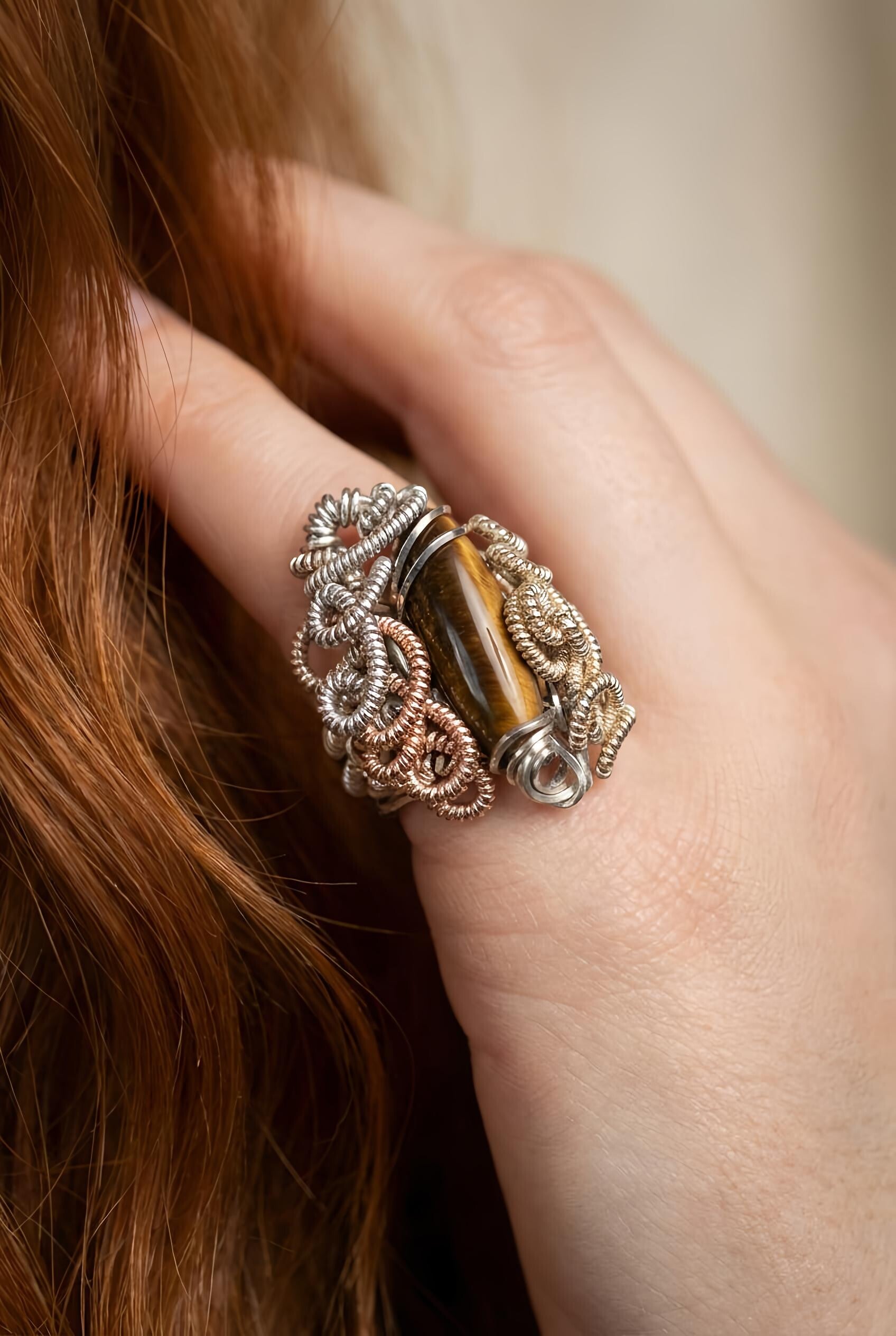 Captivating Golden Tiger's Eye Gem enhanced with Mixed Metals Ring
