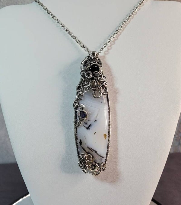 Standout Elongated White Natural Agate plus Sapphire & Quartz