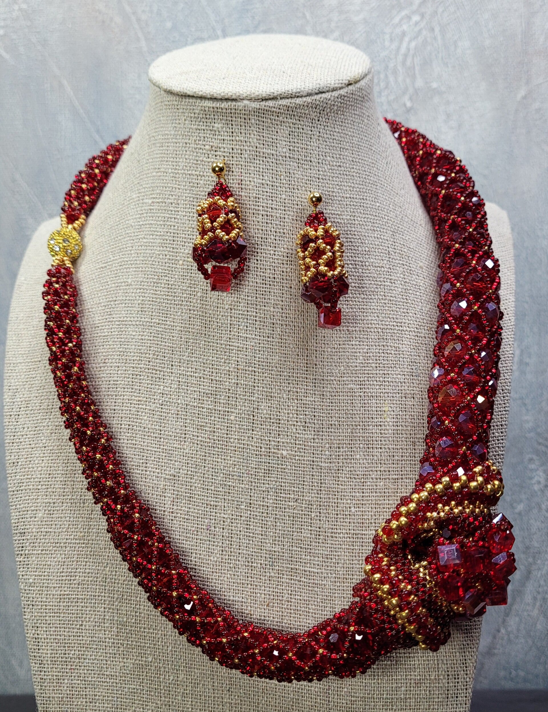 Ruby Red Crystal Beaded Necklace and Earrings Set accented in Gold