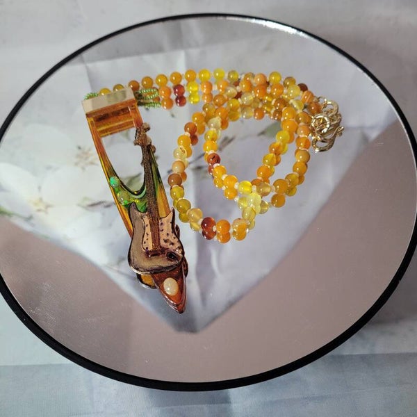 Golden Orange Handcrafted Resin "Dager" Style Necklace w/Colorful Opals and Electric Guitar